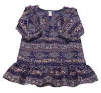 Tmavomodro-mahagónovo-ružové vzorované šifónové šaty bpc