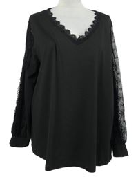 Dámske čierne tričko s čipkovymi rukávy Shein