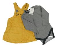 Nové- 2set- žluté manšestrové laclové šaty s kočkou+ pruhované body Next