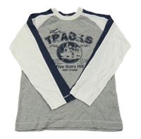 Šedo-tmavomodro-bílé triko s potiskem 