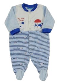 Bielo-svetlomodrý zamatový overal s medvedíkmi