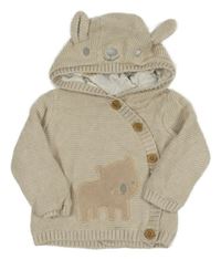 Béžový propínací podšitý svetr s medvědem a kapucí Mothercare