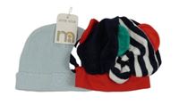 Nové - 2x - Tmavomodo-pruhovaná zamatová + svetlomodrá pletená čapica Mothercare