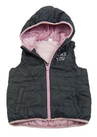 Sivo-ružová šušťáková zateplená vesta s nápisom a kapucňou Lupilu