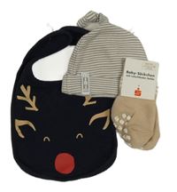 Nové - 3set - Béžovo-bílá pruhovaná čepice + tmavomodrý bryndák se sobem + béžové ponožky 