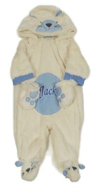 Smetanovo-modrá kožešinová zateplená kombinéza s kapucí - medvídek