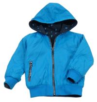 Tyrkysová/tmavomodrá šušťáková obojstranná jarná bunda s kapucňou