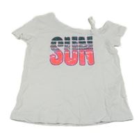 Biele tričko s nápisem z flitrů a jedním rukávom C&A