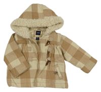 Hnedo-smotanová kockovaná vlnená zateplená bunda s kapucňou s kožešinou GAP