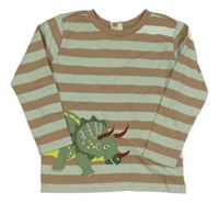 Hnědo-mentolové pruhované triko s dinosaurem ALANA