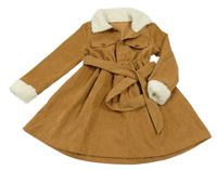 Hnědé manšestrové košilové šaty s chlupatými manžetami a límečkem a páskem SHEIN