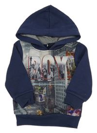 Tmavomodrá tepláková mikina s potiskem města a vreckom a kapucňou HOPE STAR