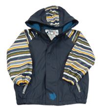 Tmavomodro-pruhovaná nepromokavá jarná bunda s javorovými listy a kapucňou lupilu