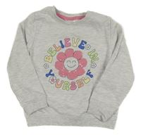 Svetlosivá melírovaná mikina s květem/smajlíkem s flitrami a nápismi so cute