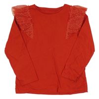 Červené triko s tylovými volánky se zlatými puntíky F&F