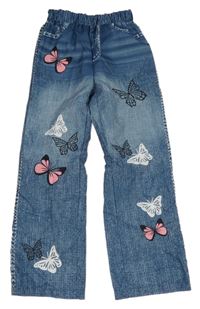 Modré šusťákové kalhoty riflového vzhledu s motýlikmi