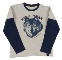 Béžovo-tmavomodré tričko s nápisom a vlkem Kids