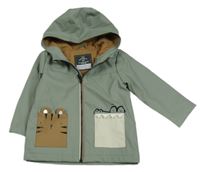 Zelenošedá nepromokavá jarná bunda s vreckami so zvířaty a kapucňou zn. George