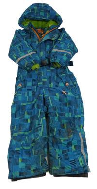 Modro-černo-zelená vzorovaná šusťáková zimní funkční kombinéza s páskem kapucí Killtec