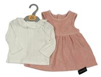 Nové - 2set - Starorůžové žebrované sametové šaty s výšivkou květů + bílé perforované triko Dunnes