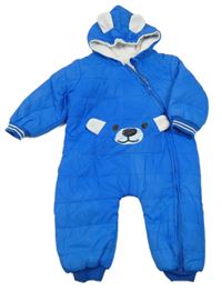 Modrá šusťáková zimní kombinéza s medvědem a kapucí