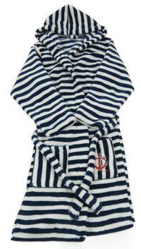 Tmavomodro-bílý pruhovaný chlupatý župan s kotvou a kapucí PlayShoes