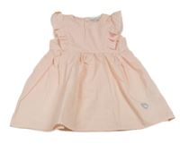 Neónově ružovo-smotanové pruhované plátenné šaty s volánikmi Ergee