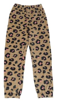 Hnědé žebrované plyšové pyžamové kalhoty s leopardím vzorem