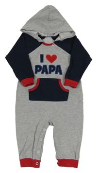 Sivo-tmavomodrá tepláková kombinéza s nápisom a kapucňou