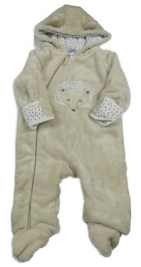 Svěblebéžová plyšová podšitá kombinéza s ježkem a kapucí Topomini