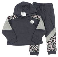 2set- Antracitová crop mikina s leopardím vzorem a kapucí + tepláky Next