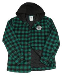Červeno-zelená kostkovaná podšitá košilová flaušová bunda s nášivkou a kapucí Sinsay
