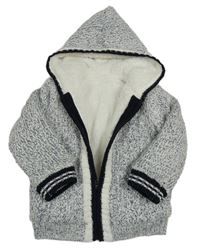 Bílo-tmavomodrý melírovaný propínací zateplený svetr s kapucí Nutmeg