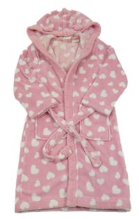 Růžovo-bílý plyšový župan se srdíčky a kapucí H&M