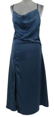 Dámske modrošedé saténové midi spoločenské šaty s vodou Cider