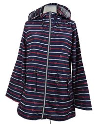Dámská tmavomodro-červeno-bílá pruhovaná šusťáková parka s kapucí 