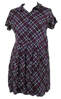 Dámske čierno-vínovo-modré kockované košeľové šaty