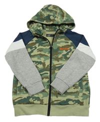 Army-tmavomodro-bílo-šedá propínací mikina s výšivkou a kapucí Next