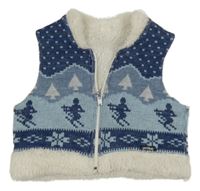 Modrá pletená zateplená prepínaci vesta s lyžaři