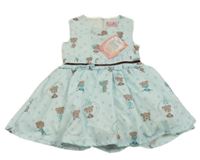 Nové - Světlemodré puntíkaté plátěné šaty s medvědy