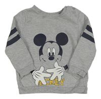 Sivá mikina s pruhy na rukávech a Mickeym