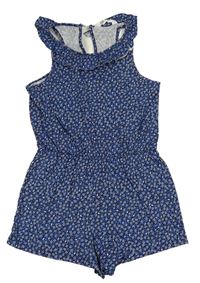 Tmavomodrý kraťasový overal s kvietkami a volánikmi H&M