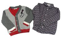 2set - Šedo-červený propínací svetr + šedá košile s botami Rosekids