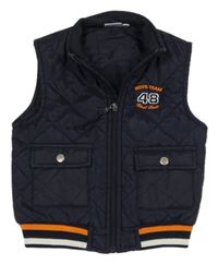 Tmavomodrá šušťáková prešívaná zateplená vesta s výšivkou Impidimpi