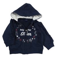 Tmavomodrá propínací mikina s nápisem a kapucí 