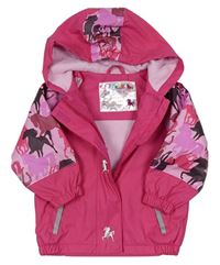 Tmavorůžovo-ružová nepromokavá jesenná bunda s koníky a kapucňou lupilu