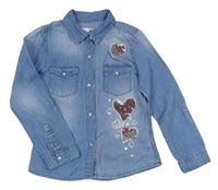 Světlemodrá lehká riflová halenka se srdíčky s překlápěcími flitry Denim Co.