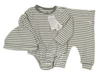 3Set - Bílo-černé pruhované žebrované body + tepláky s hvězdičkou + čepice F&F