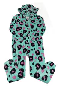 Světletyrkysovo-čierno-ružová vzorovaná plyšová kombinéza s kapucňou zn. Next