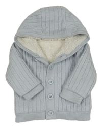 Světlemodrý žebrovaný vzorovaný propínací zateplený svetr s kapucí little nutmeg